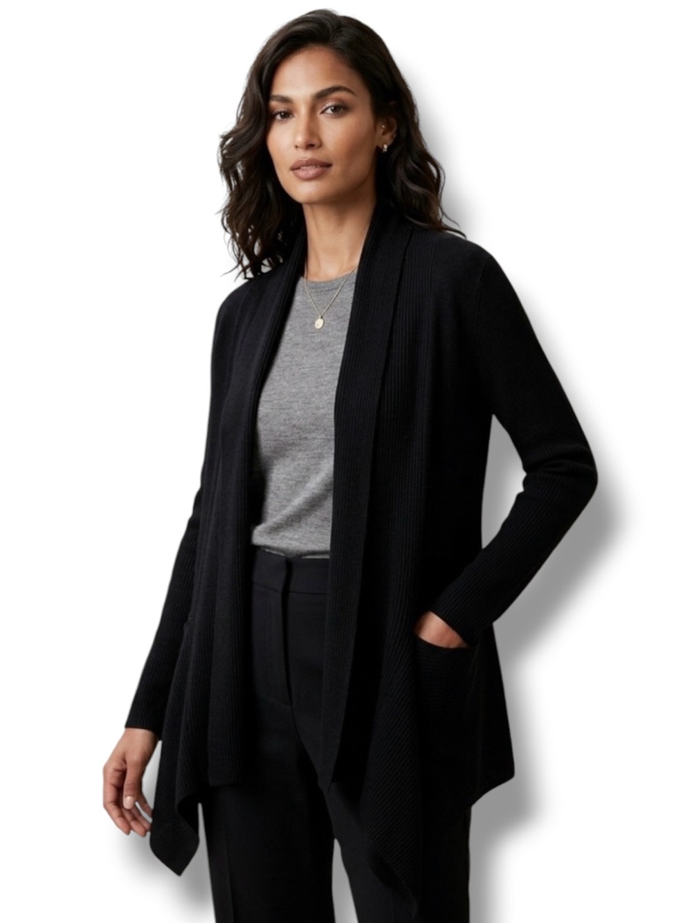 Verve Ami Black Ribbed Open Front Waterfall Cardigan Sweater NWT XL